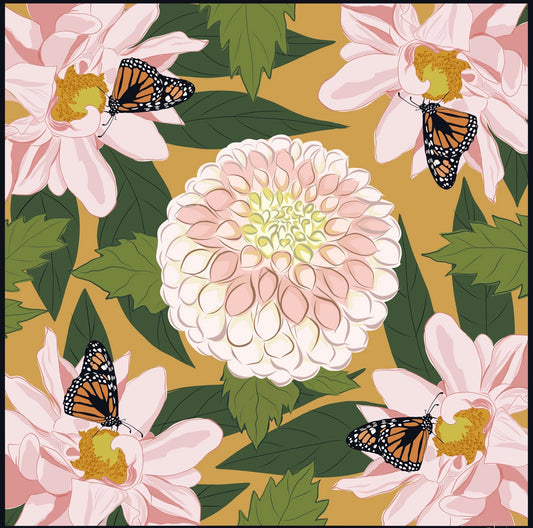 AE. Monarch Butterflies on a Pink Dahlias Four Corner Repeat Print