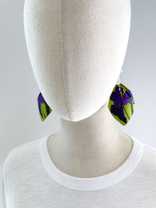 AE. Purple Iris large petal cotton statement earrings