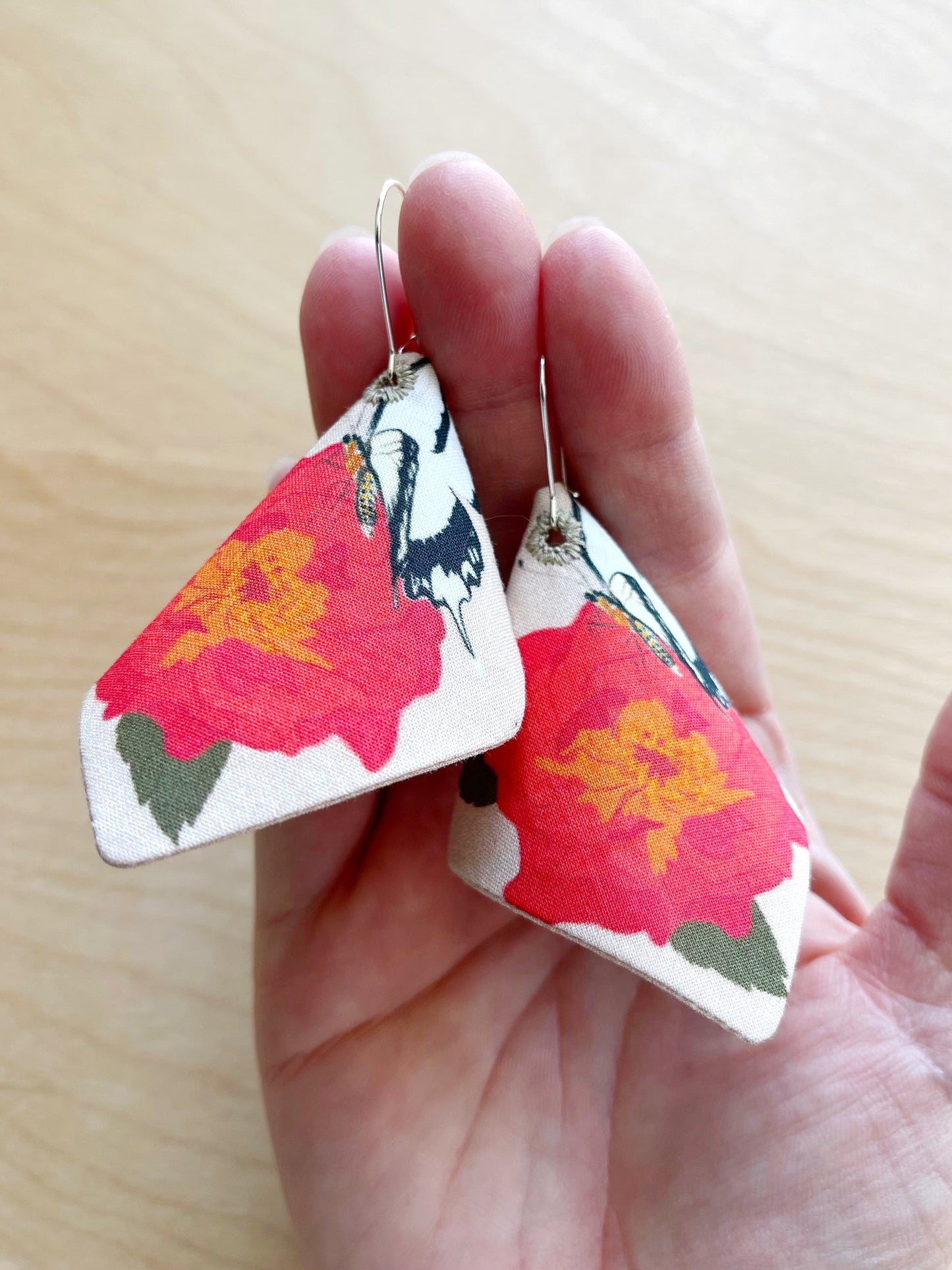 AE. Red Roses with white butterflies large cone shaped cotton statement earrings