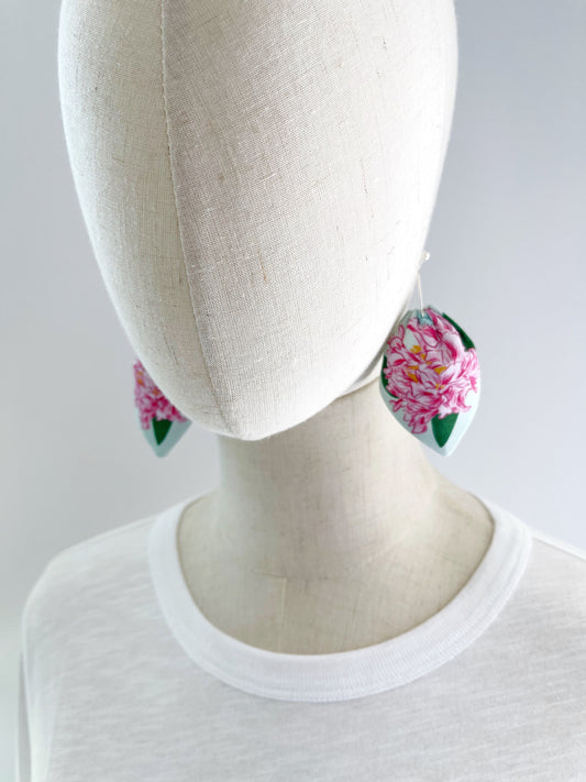 AE. Pink & Magenta Peonies large petal cotton statement earrings