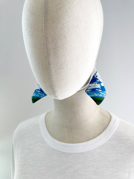 AE. Summer landscape with blue sky & clouds large cone shaped cotton statement earrings