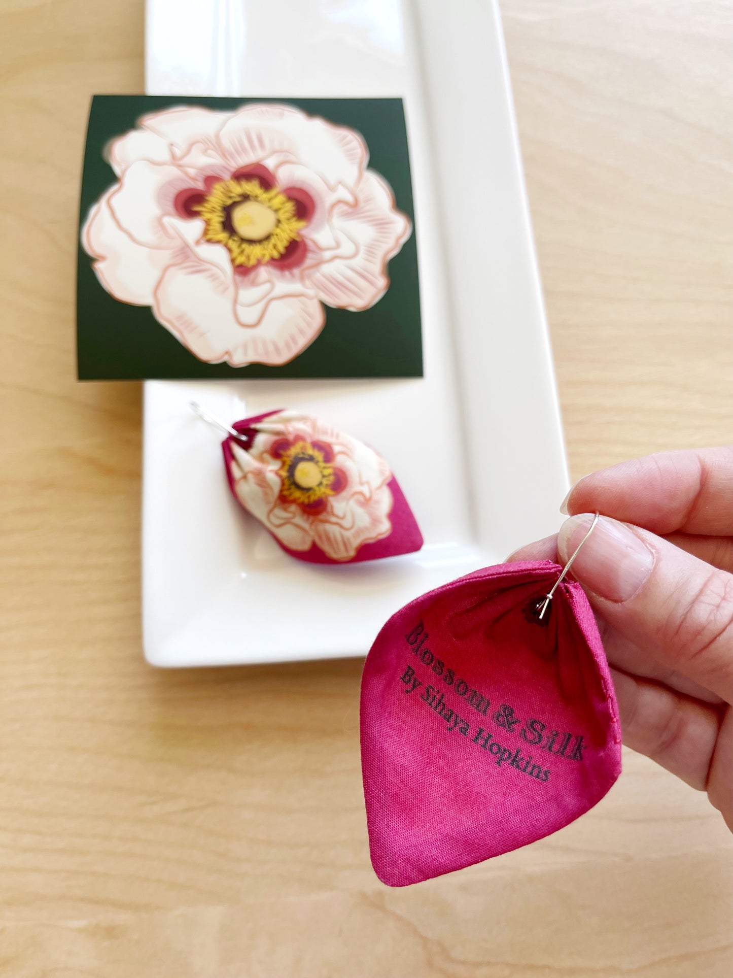 AE. Parchment Peonies on a magenta background large petal cotton statement earrings