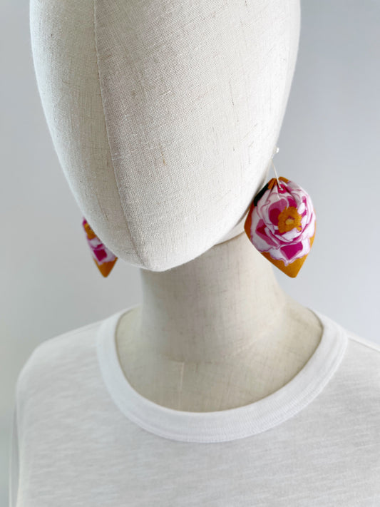 AE. Magenta Peonies on a yellow ocher background large petal cotton statement earrings