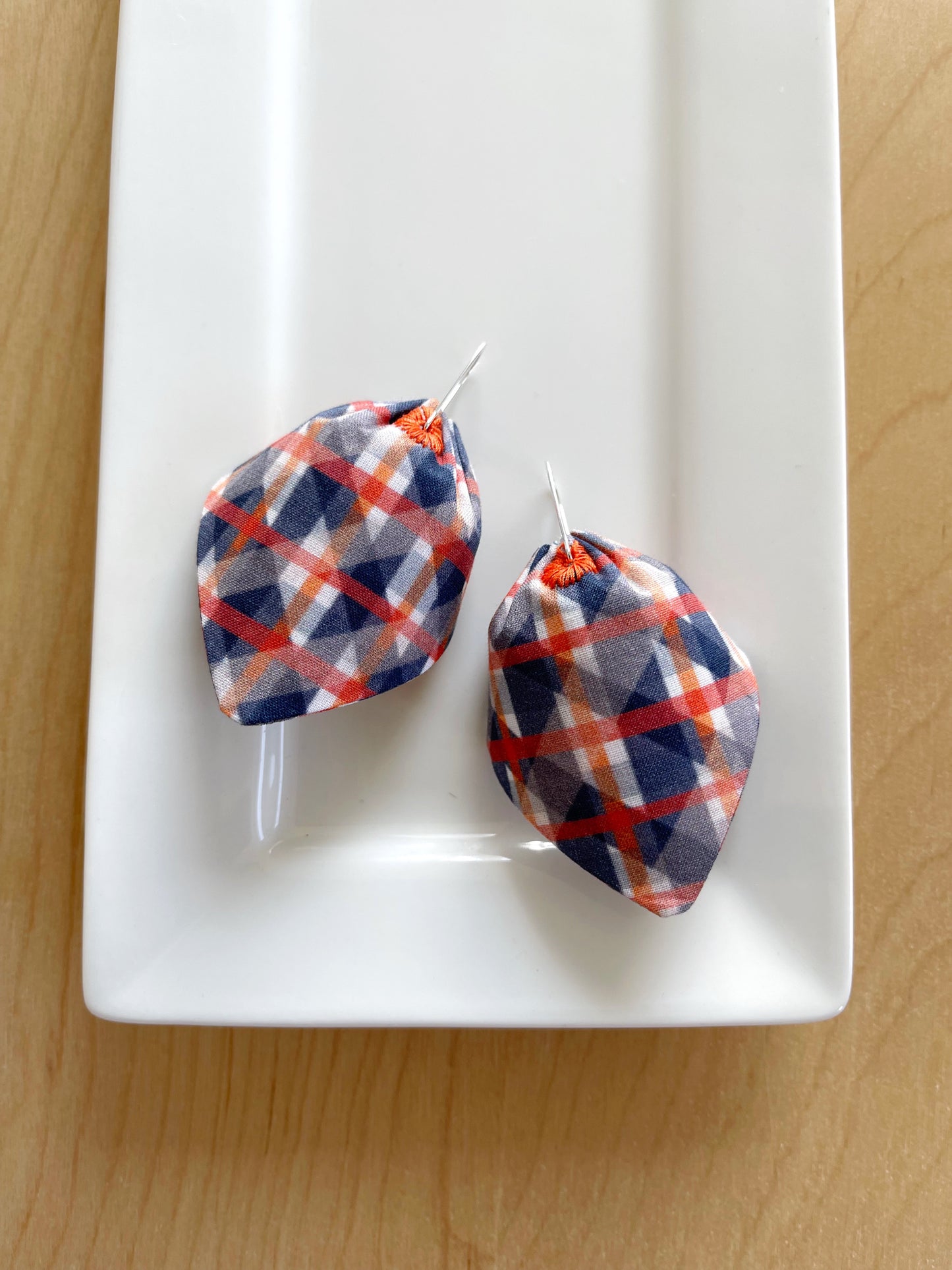 A. Blue, Orange, Cream & Tomato Red Lattice large petal cotton statement earrings