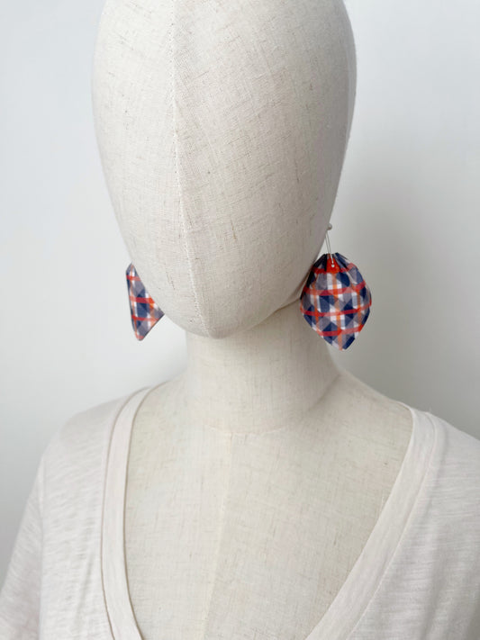 A. Blue, Orange, Cream & Tomato Red Lattice large petal cotton statement earrings