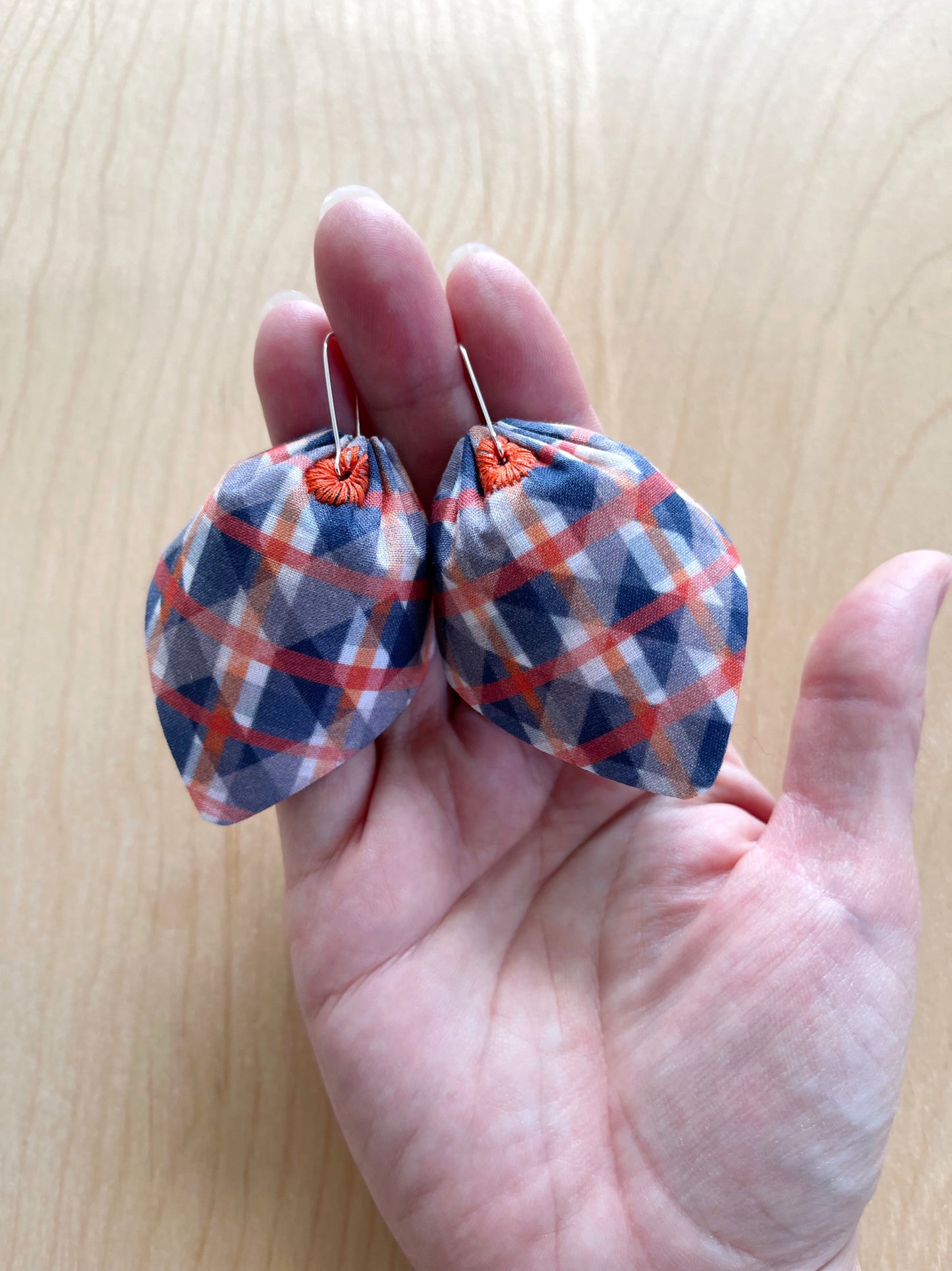 A. Blue, Orange, Cream & Tomato Red Lattice large petal cotton statement earrings