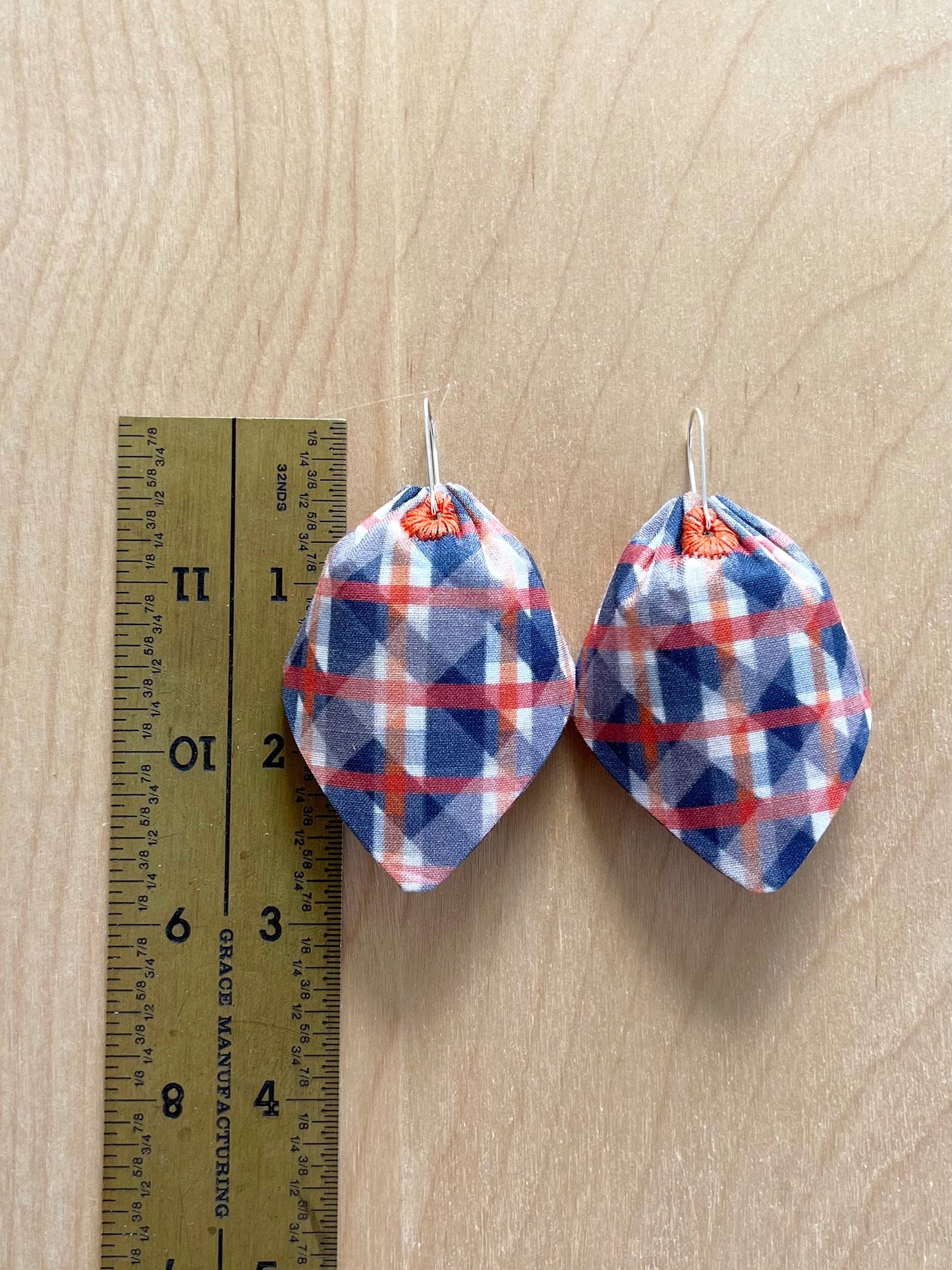 A. Blue, Orange, Cream & Tomato Red Lattice large petal cotton statement earrings