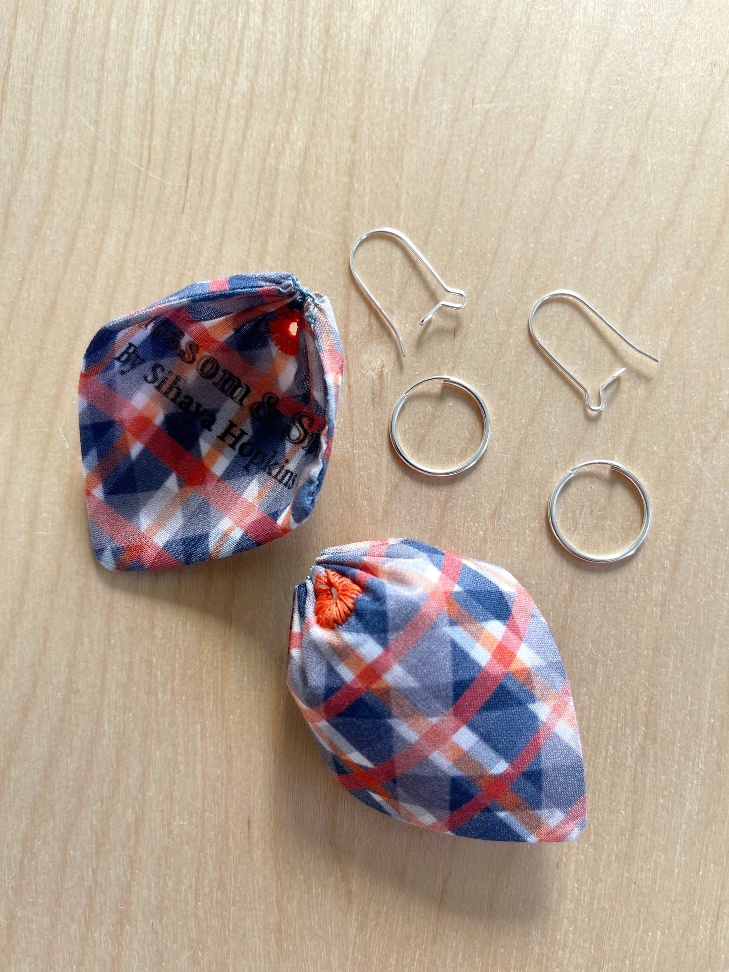 A. Blue, Orange, Cream & Tomato Red Lattice large petal cotton statement earrings