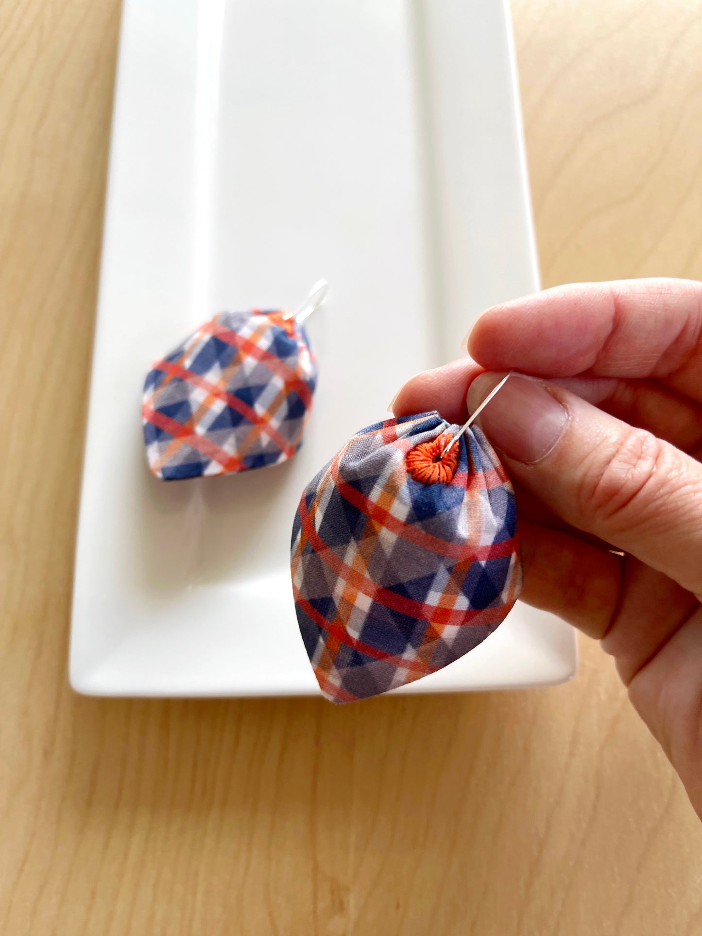 A. Blue, Orange, Cream & Tomato Red Lattice large petal cotton statement earrings