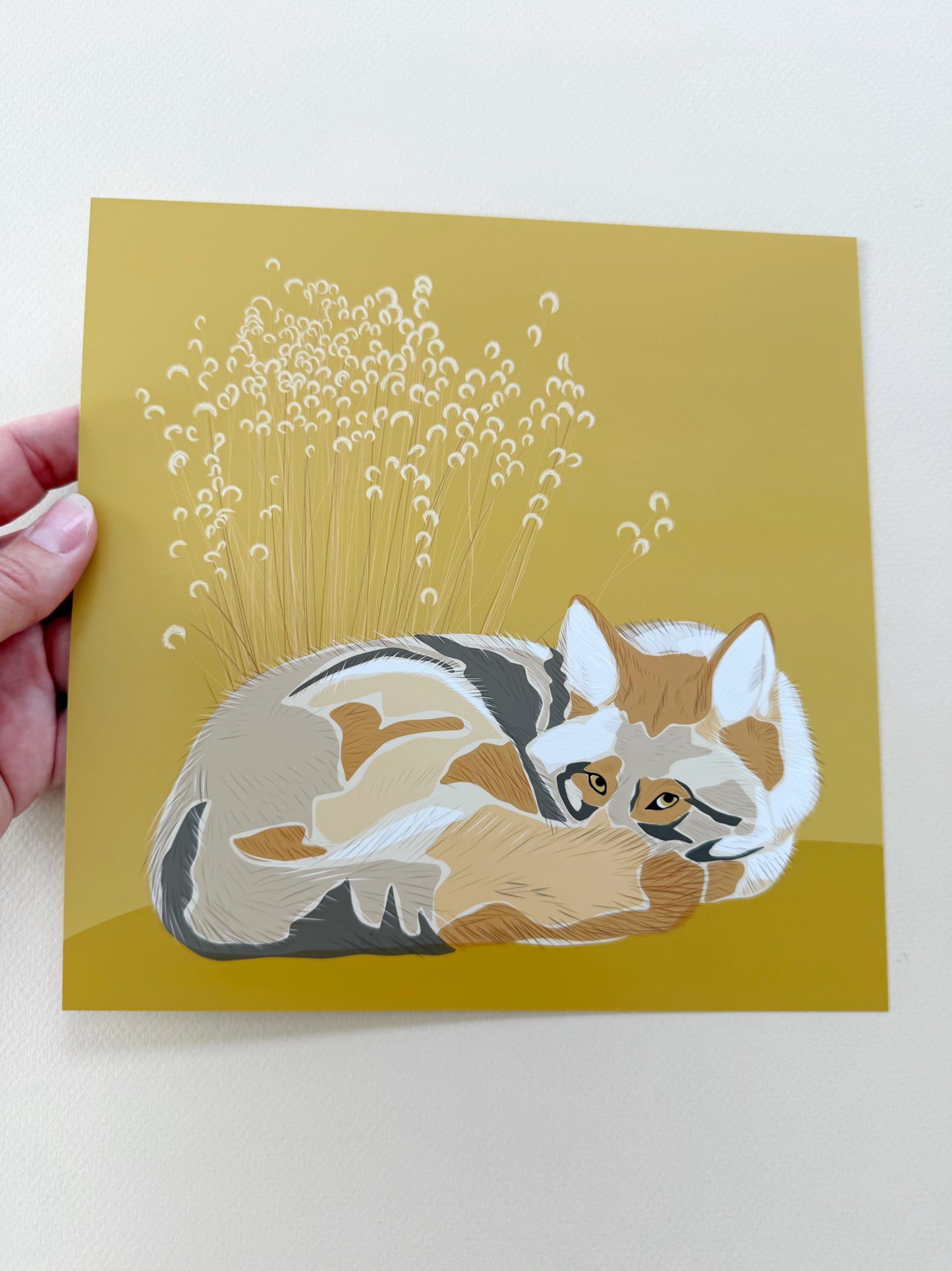 AG. Coyote with grasses print on a yellow background