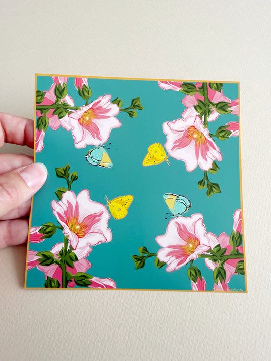 AE. Hollyhocks with a Lemon Yellow Butterfly Four Corner Repeat Print