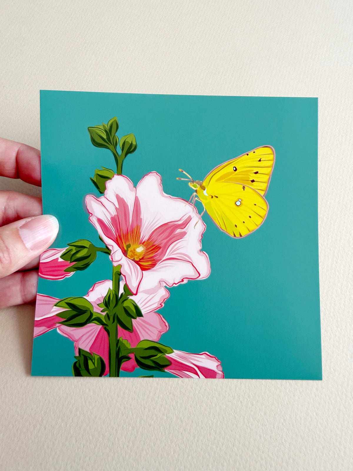 AE. Hollyhocks with a Lemon Yellow Butterfly Print