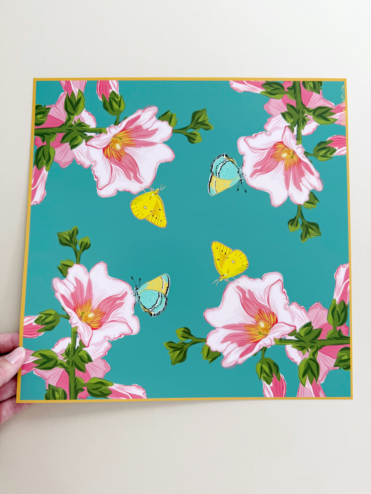 AE. Hollyhocks with a Lemon Yellow Butterfly Four Corner Repeat Print