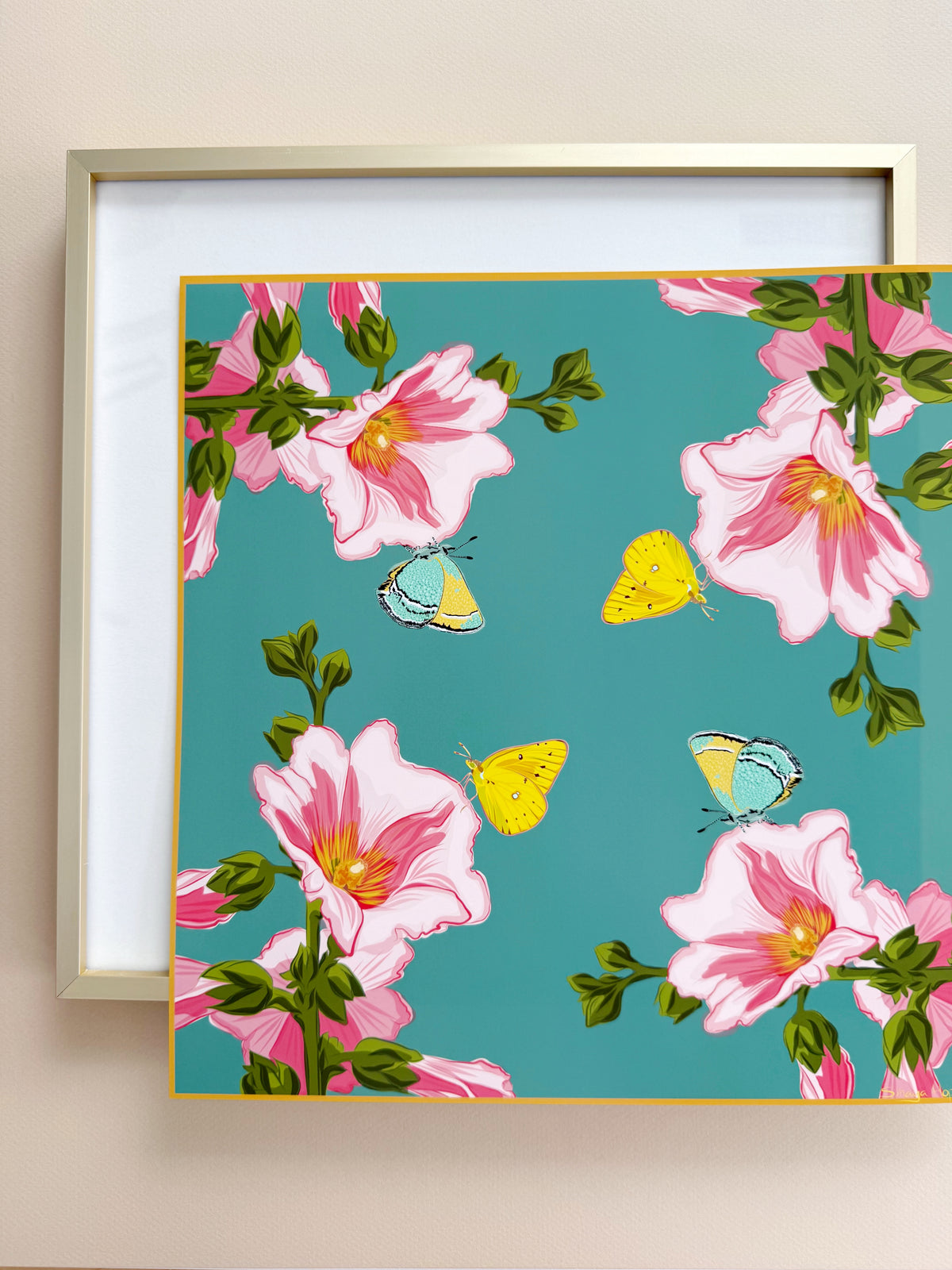 AE. Hollyhocks with a Lemon Yellow Butterfly Four Corner Repeat Print