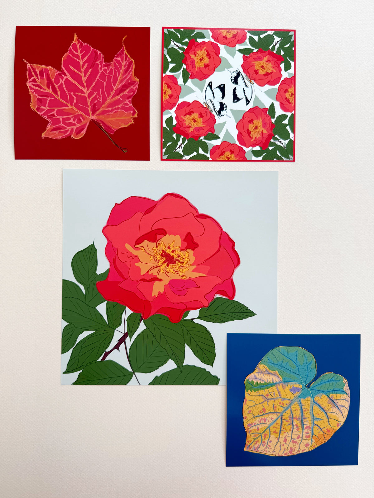 AE. Red Roses and White Butterflies Four Corner Repeat Print