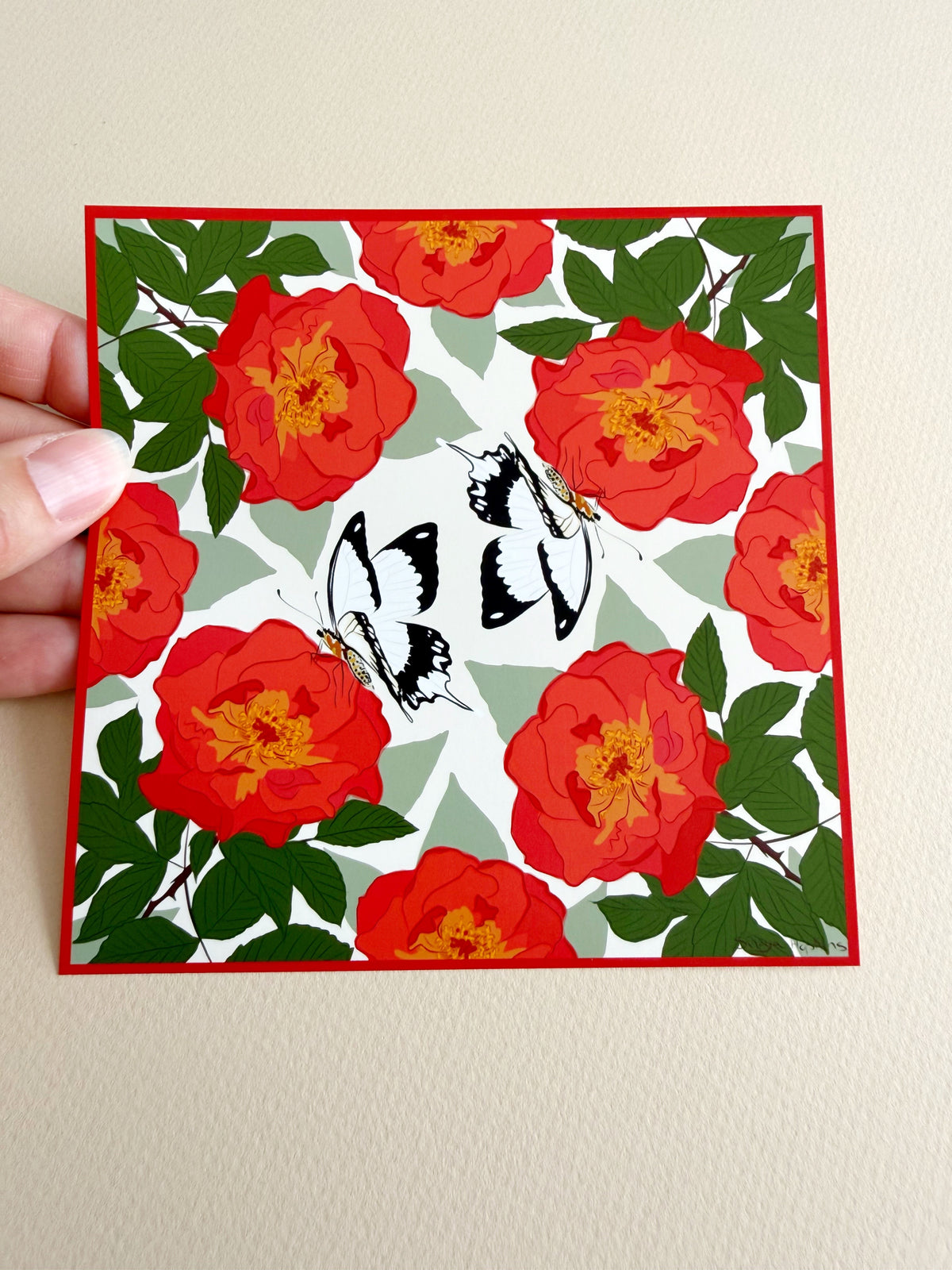 AE. Red Roses and White Butterflies Four Corner Repeat Print