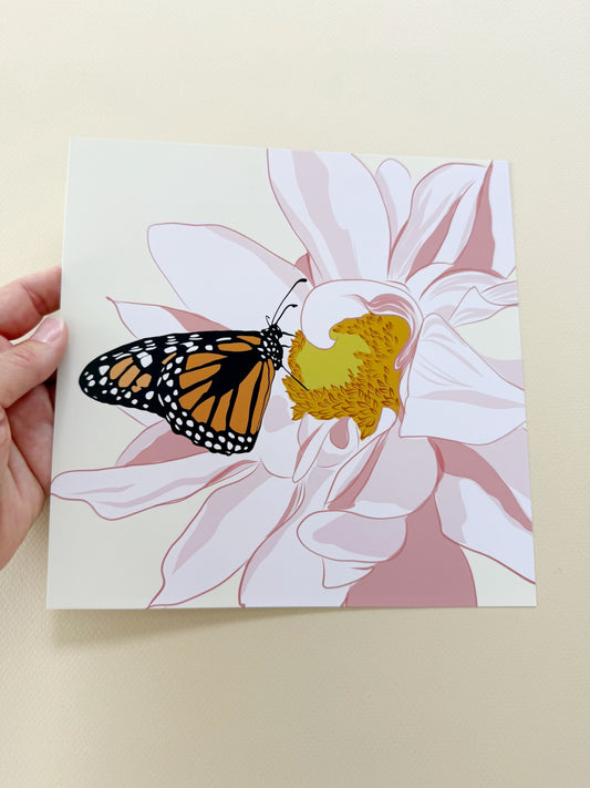 AE. Monarch Butterfly on a Pink Dahlia Print