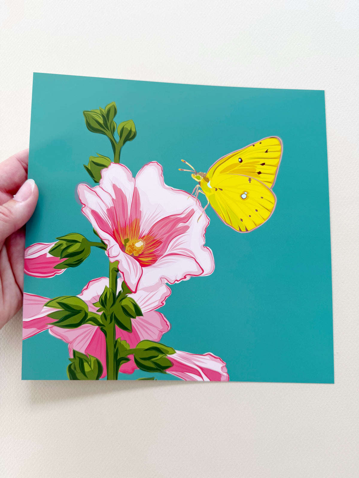 AE. Hollyhocks with a Lemon Yellow Butterfly Print