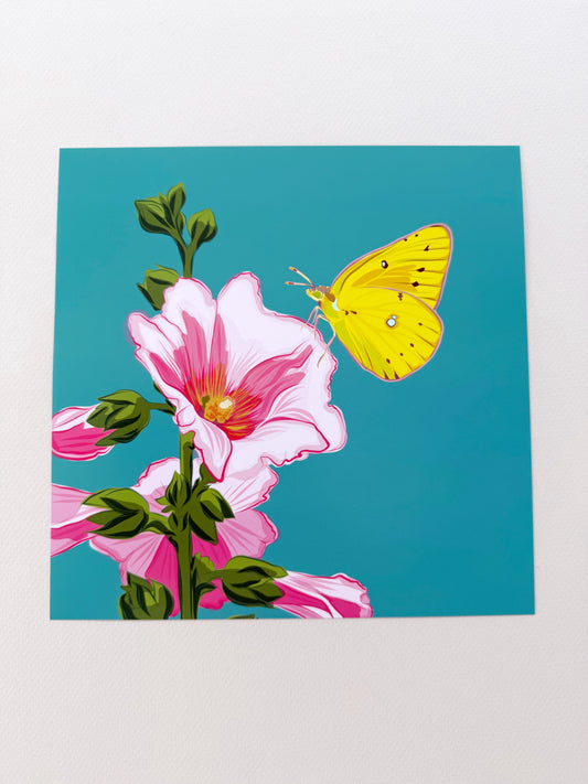 AE. Hollyhocks with a Lemon Yellow Butterfly Print