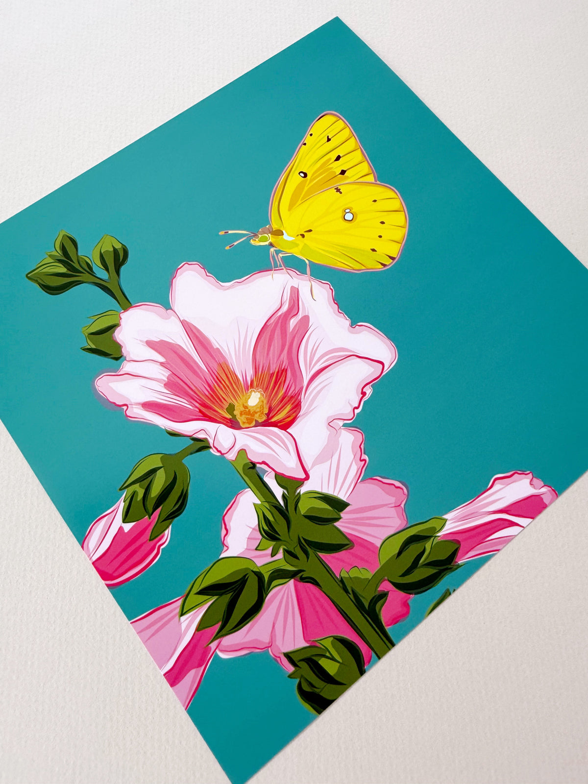 AE. Hollyhocks with a Lemon Yellow Butterfly Print