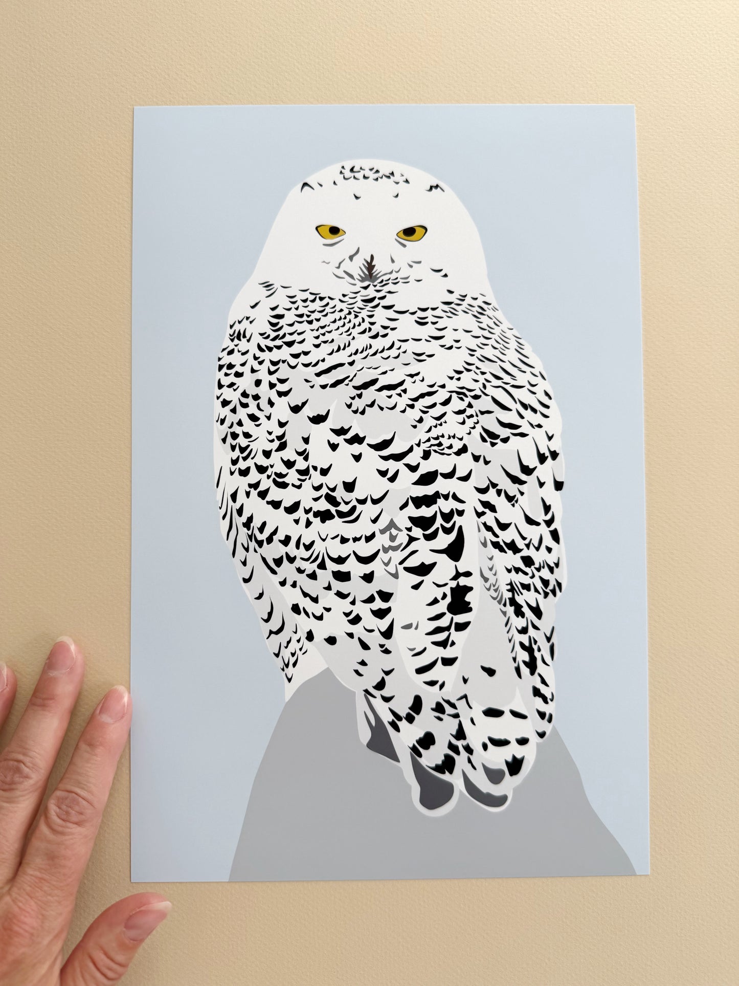 AF. Snowy Owl Print on a winter blue background 8” x 12” or 5” x 7”