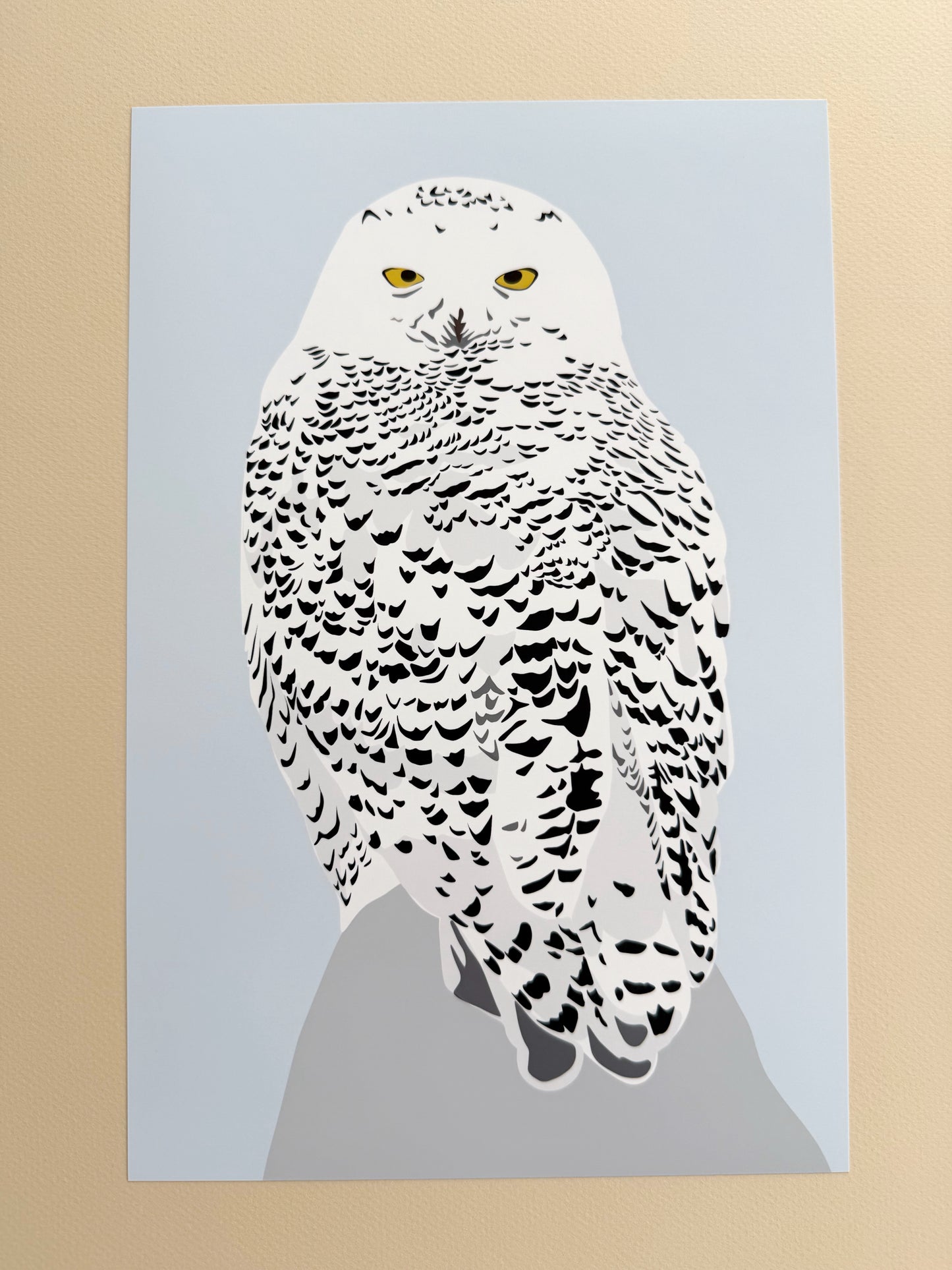 AF. Snowy Owl Print on a winter blue background 8” x 12” or 5” x 7”
