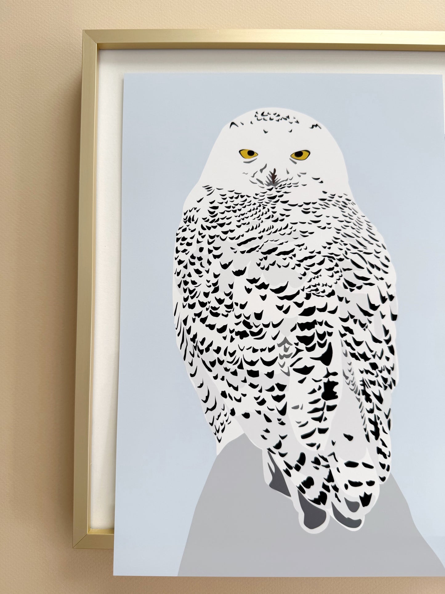 AF. Snowy Owl Print on a winter blue background 8” x 12” or 5” x 7”
