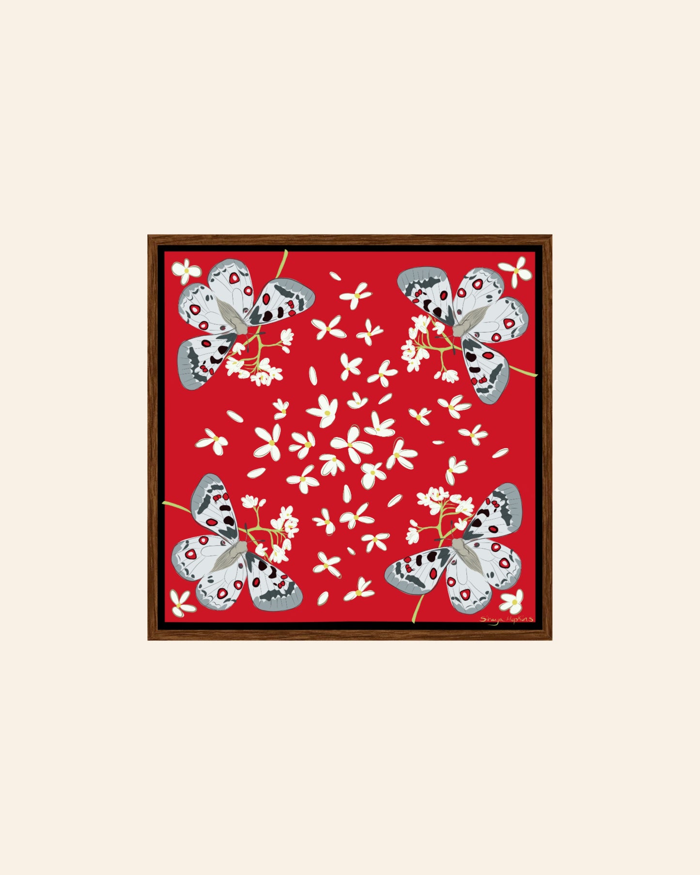 AE. Gray Moths with White Flowers on Red Four Corner Repeat Print