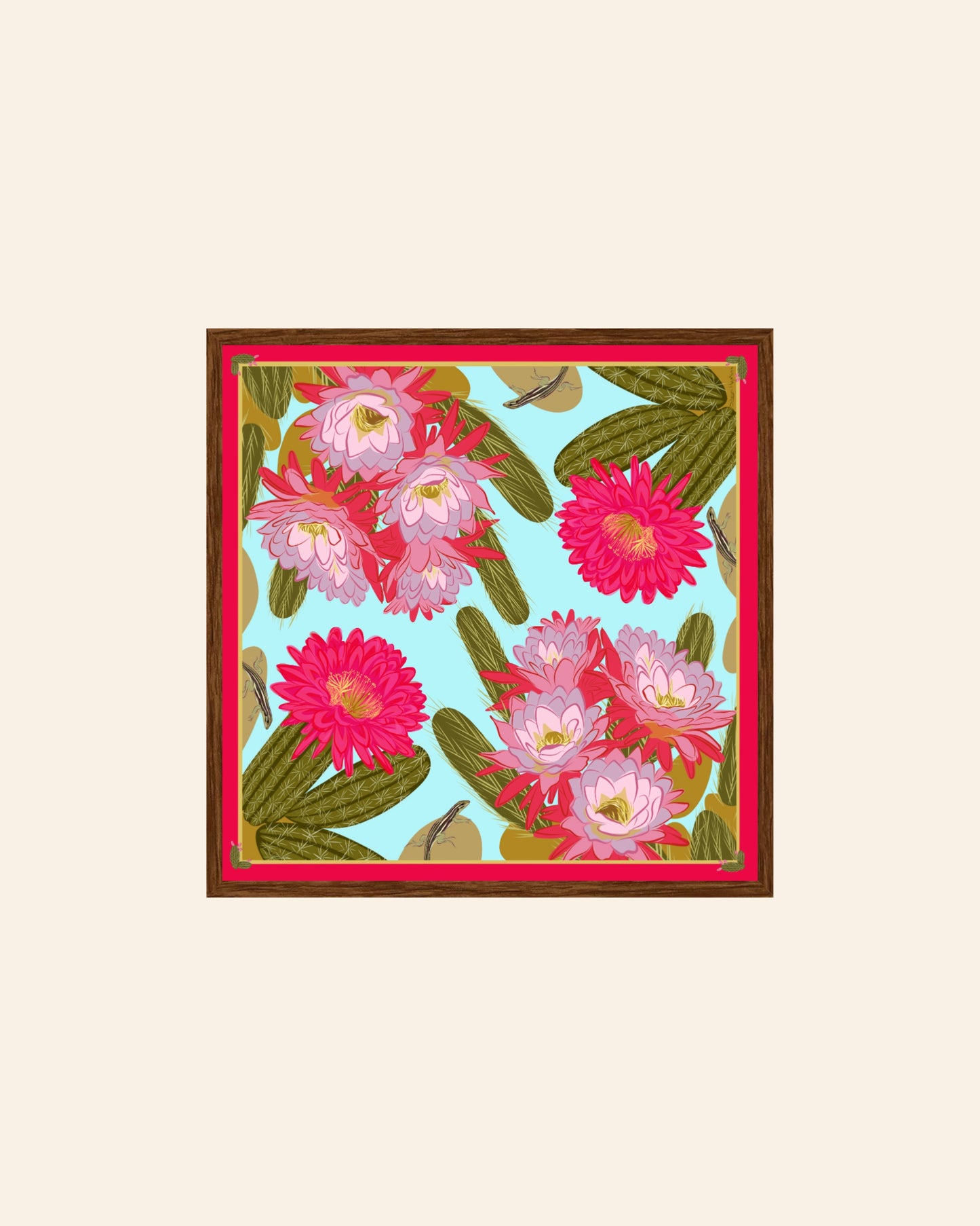 A. Bold pink & violet Blooming Cactus four corner repeat print