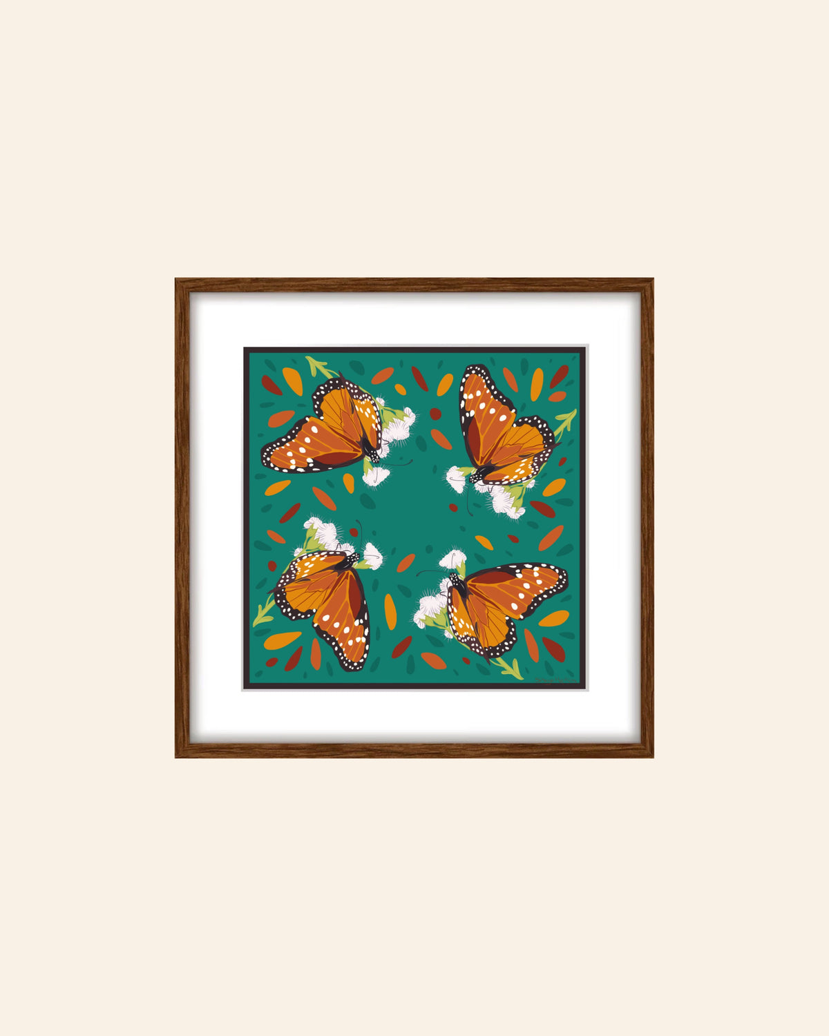 AE. Monarch Butterfly Teal Background Four Corner Repeat Print