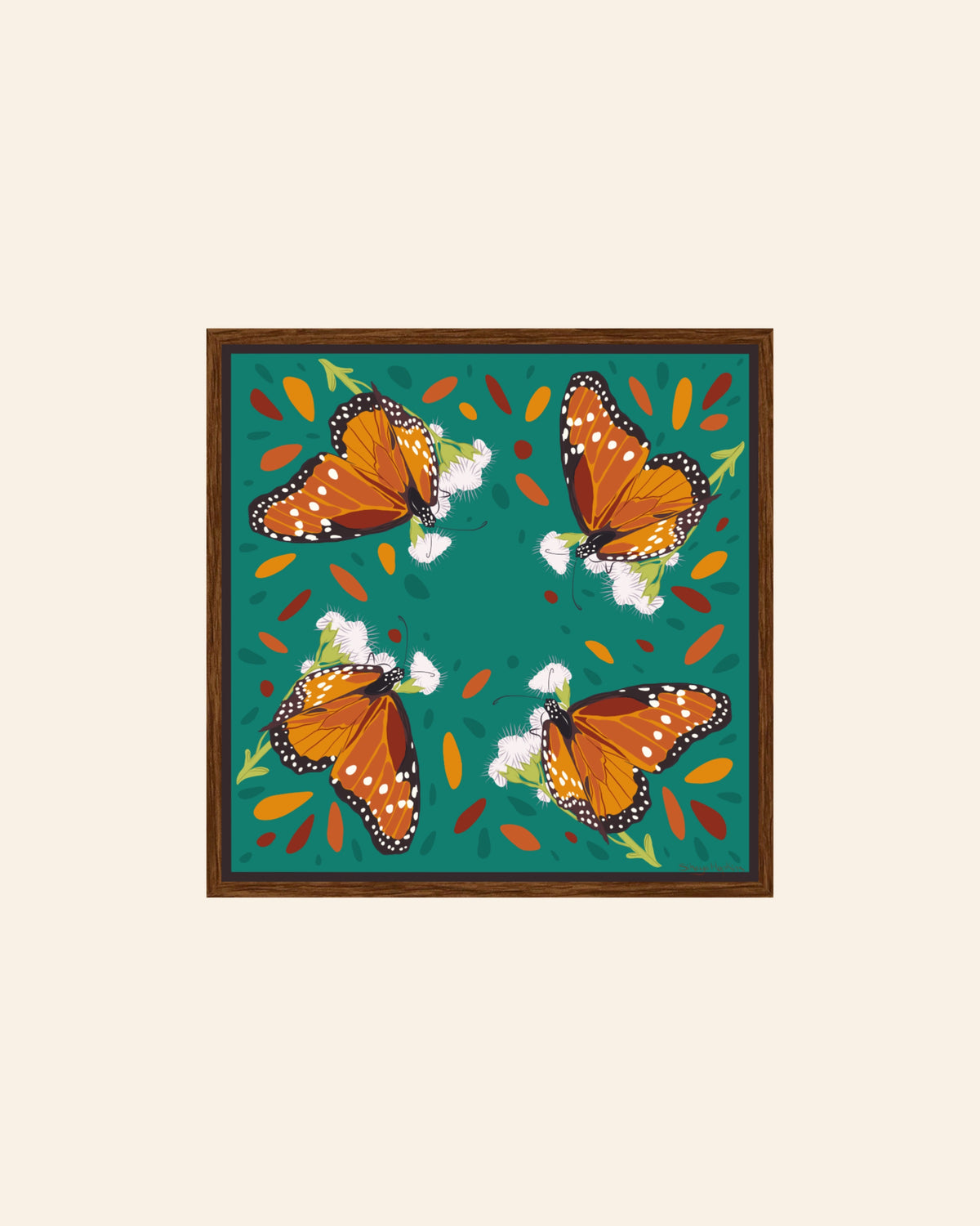 AE. Monarch Butterfly Teal Background Four Corner Repeat Print
