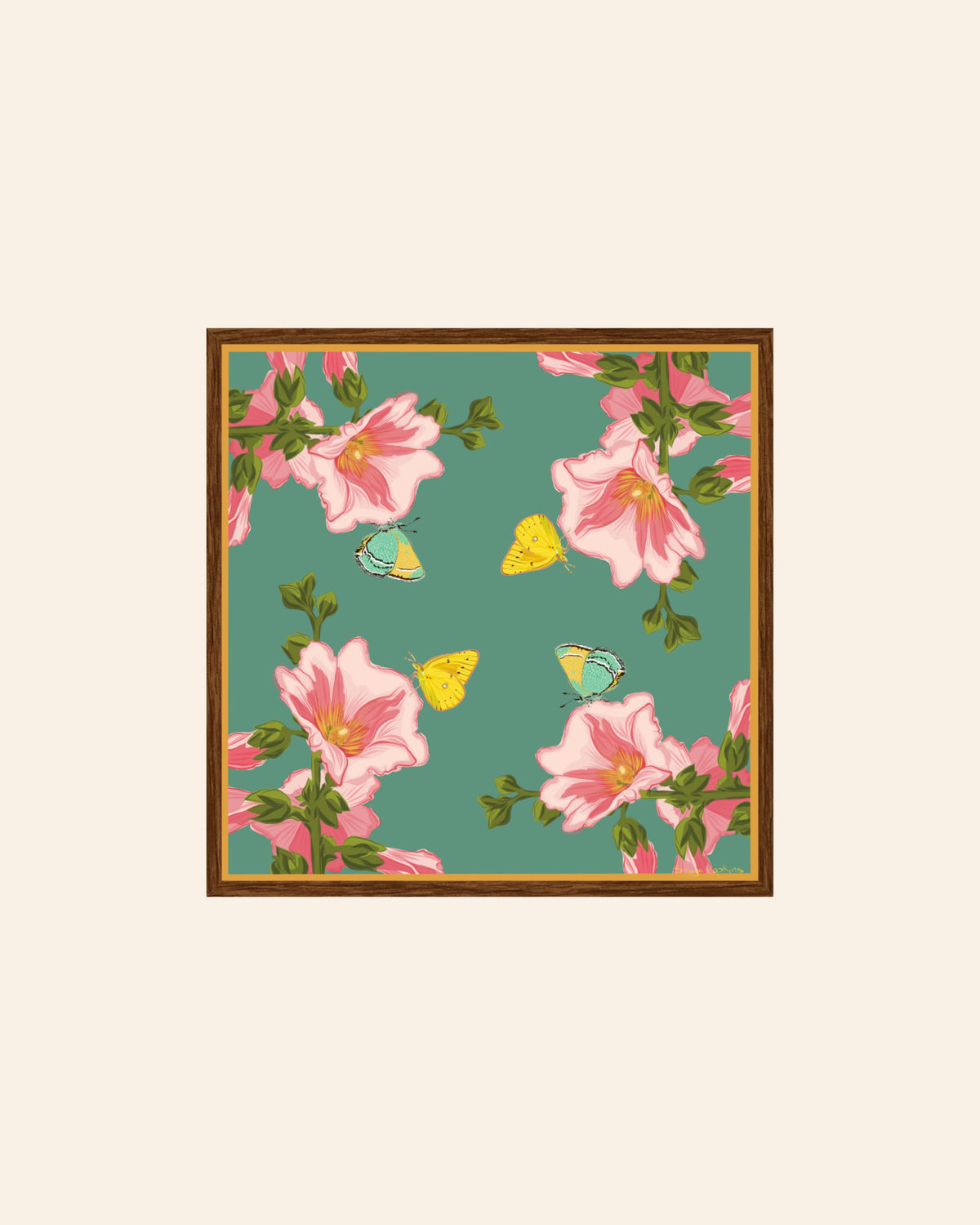 AE. Hollyhocks with a Lemon Yellow Butterfly Four Corner Repeat Print