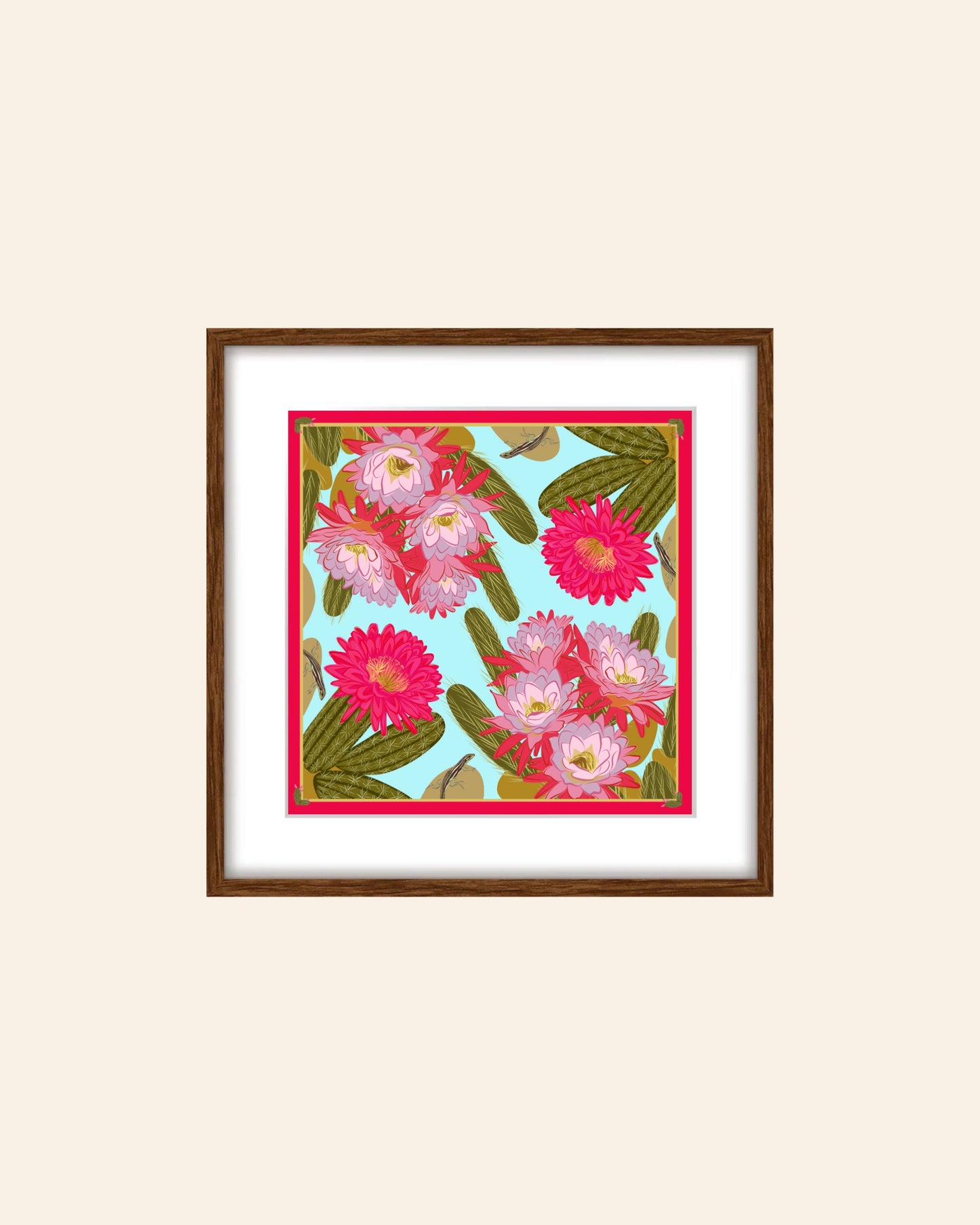 A. Bold pink & violet Blooming Cactus four corner repeat print