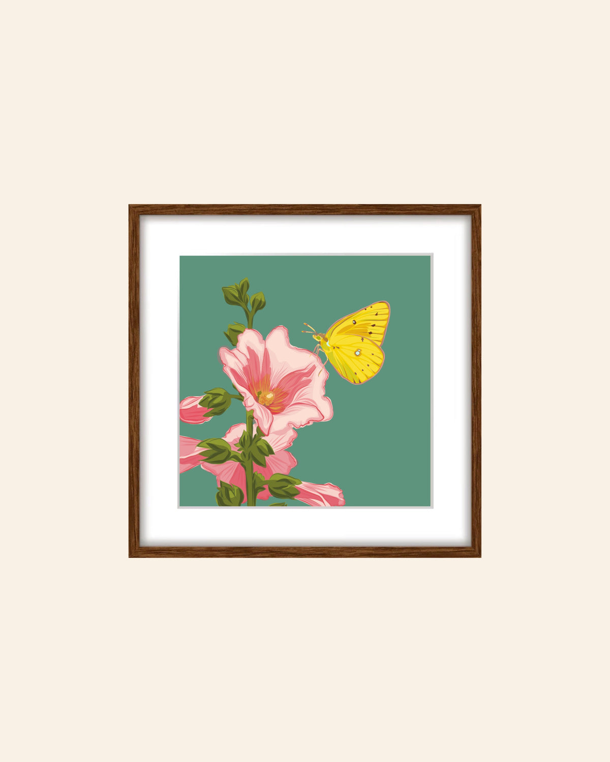 AE. Hollyhocks with a Lemon Yellow Butterfly Print