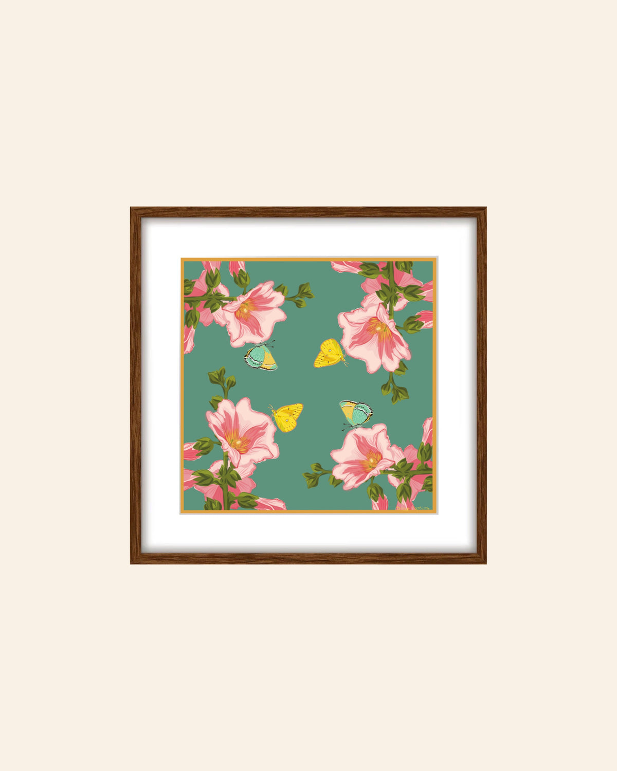 AE. Hollyhocks with a Lemon Yellow Butterfly Four Corner Repeat Print