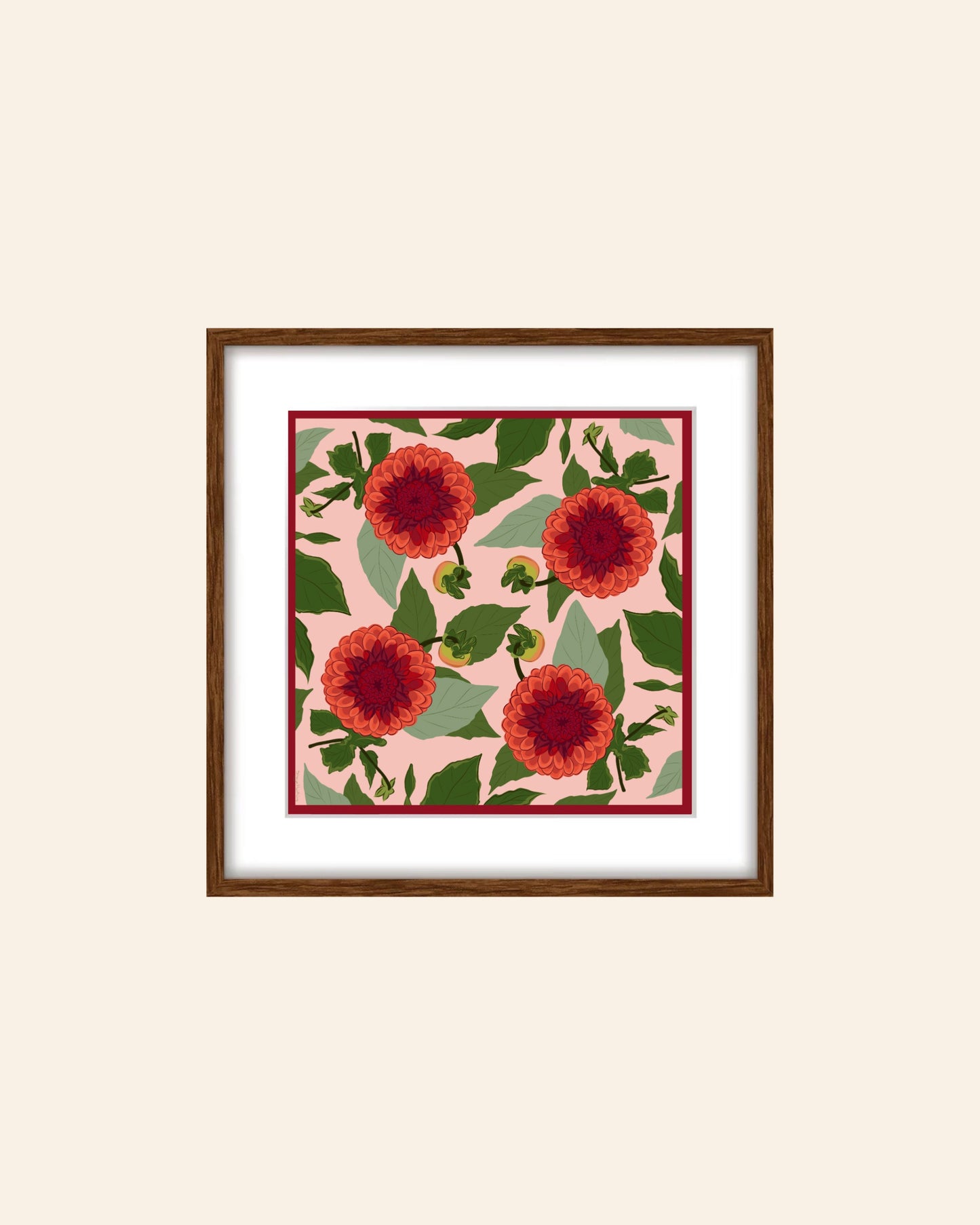 AE. Garnet Dahlias Four Corner Repeat Print
