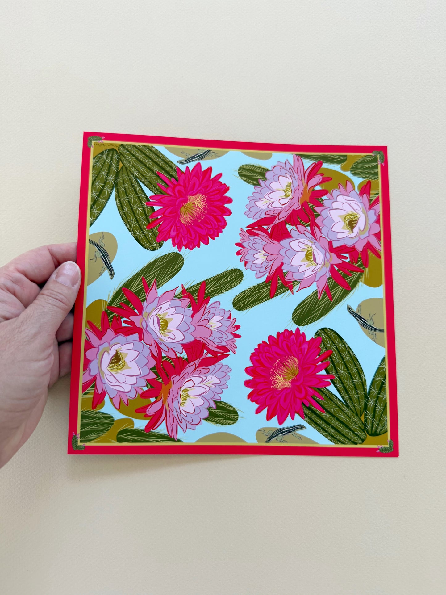 A. Bold pink & violet Blooming Cactus four corner repeat print