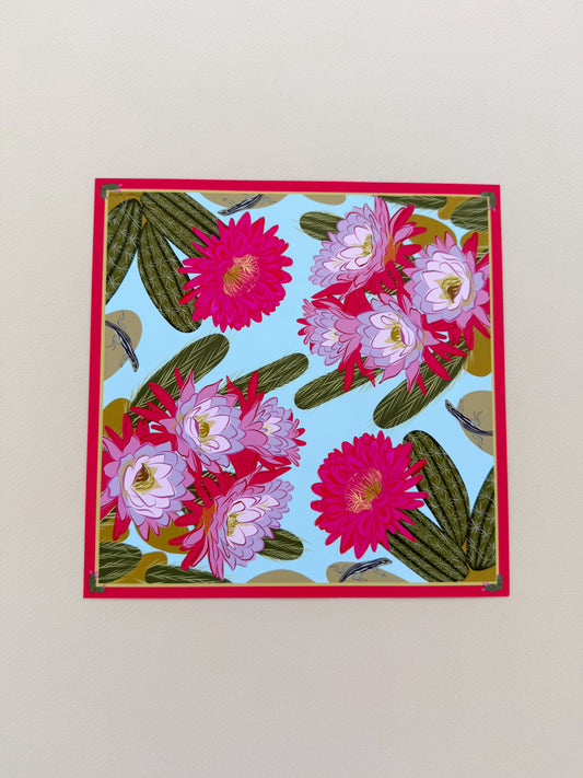 A. Bold pink & violet Blooming Cactus four corner repeat print