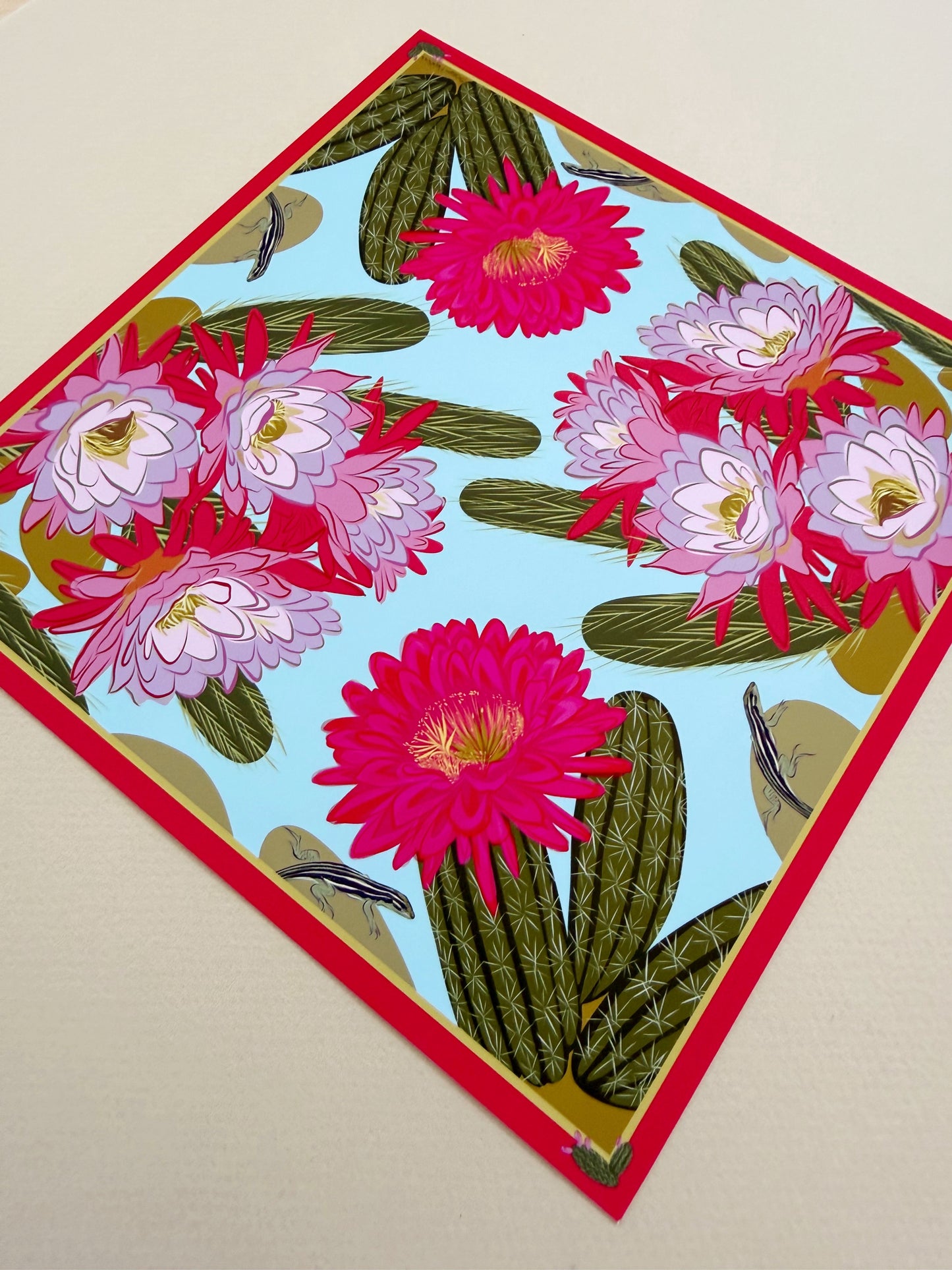 A. Bold pink & violet Blooming Cactus four corner repeat print