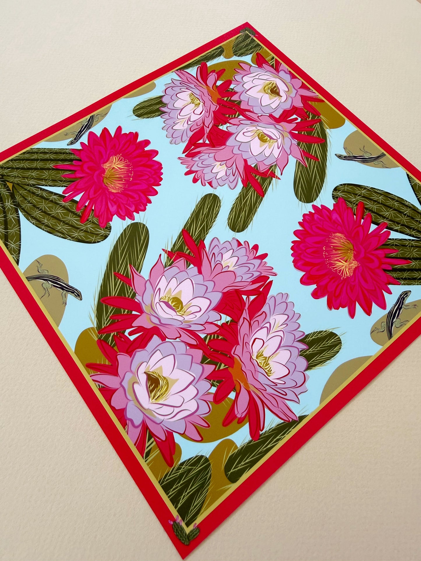 A. Bold pink & violet Blooming Cactus four corner repeat print