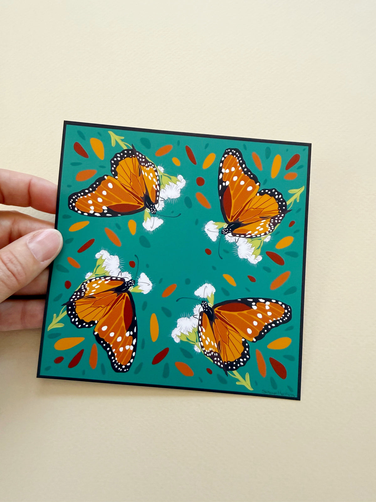 AE. Monarch Butterfly Teal Background Four Corner Repeat Print