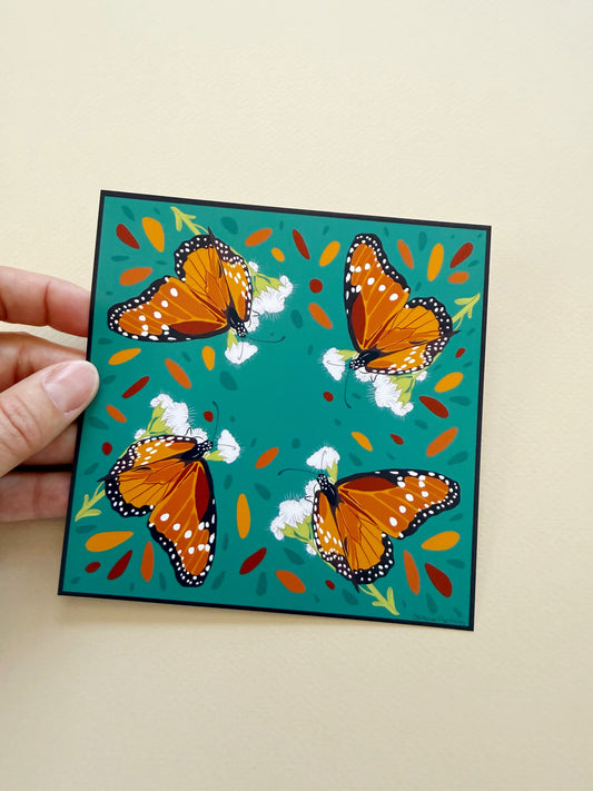 AE. Monarch Butterfly Teal Background Four Corner Repeat Print