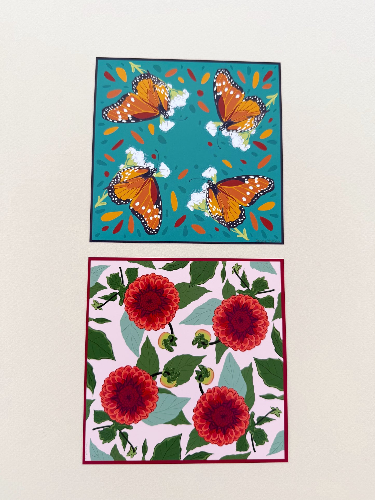 AE. Garnet Dahlias Four Corner Repeat Print