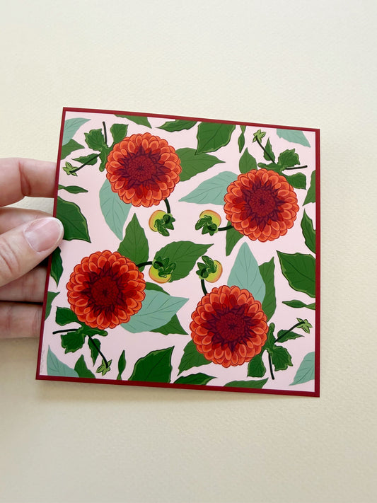 AE. Garnet Dahlias Four Corner Repeat Print