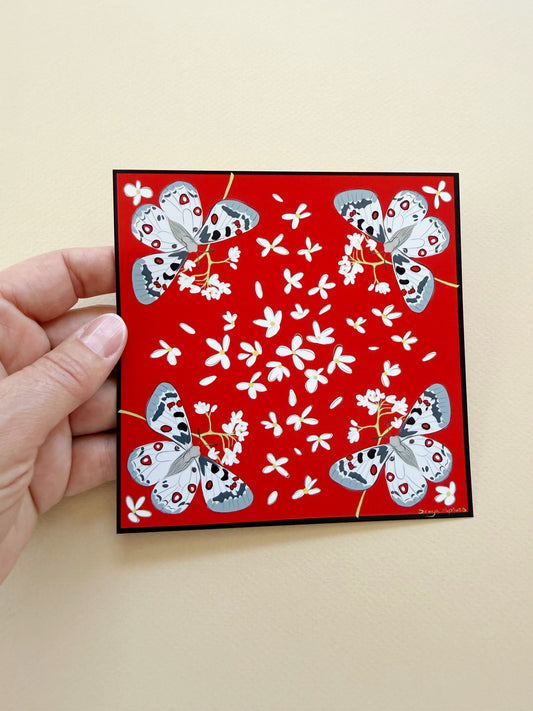 AE. Gray Moths with White Flowers on Red Four Corner Repeat Print