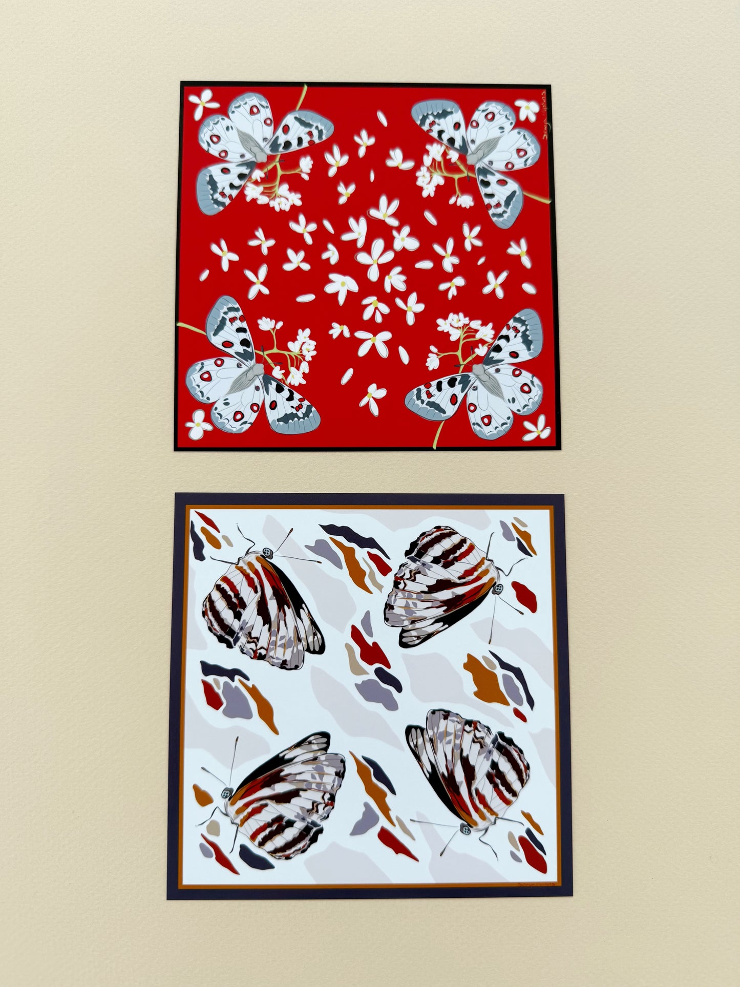 AE. Gray Moths with White Flowers on Red Four Corner Repeat Print