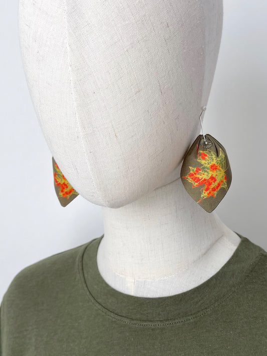 AB. Orange & Green Autumn Leaf large cotton statement earrings