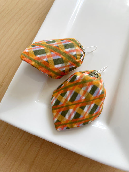 AB. Orange & Green Lattice large petal cotton statement earrings