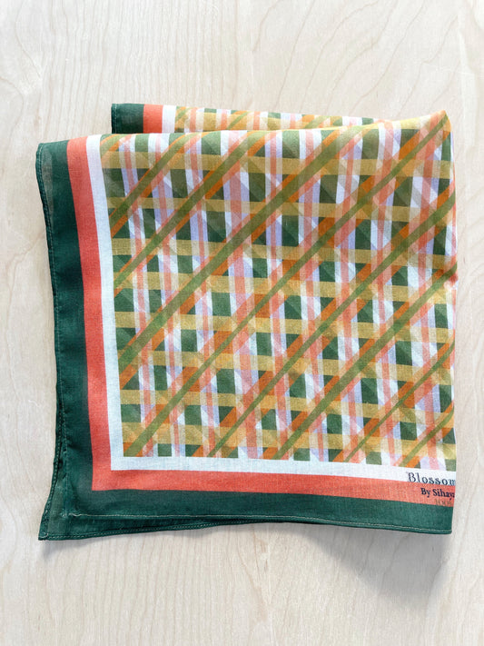 AB. Green & Orange Lattice 19” square Mulayam Cotton Scarf