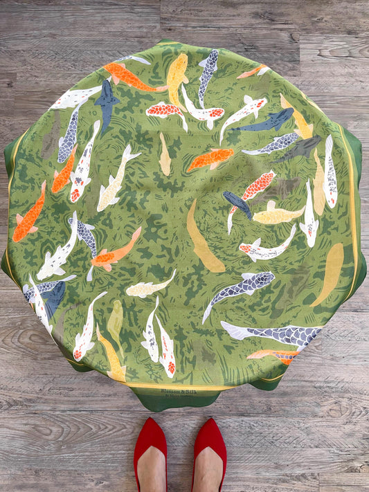 AB. Green Koi Pond 33” square Mulayam Cotton Scarf